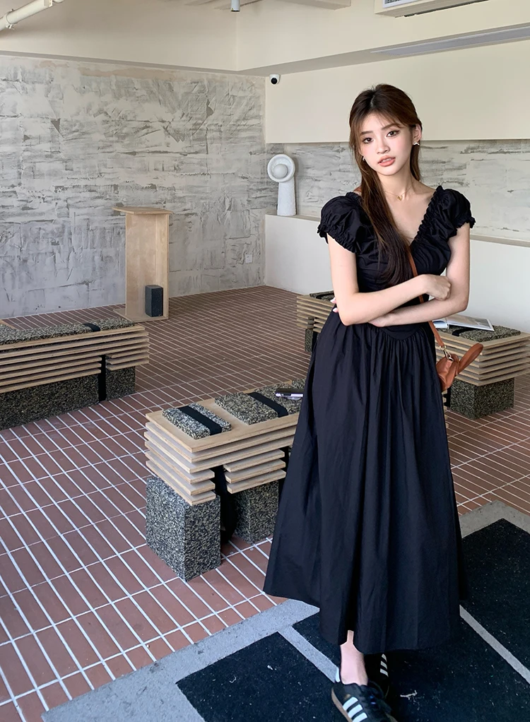 Casual Solid Midi Dresses for Women Korean Chic V-neck Backless High Waist Puff Sleeve A-line Party Dress Summer Vestidos Mujer