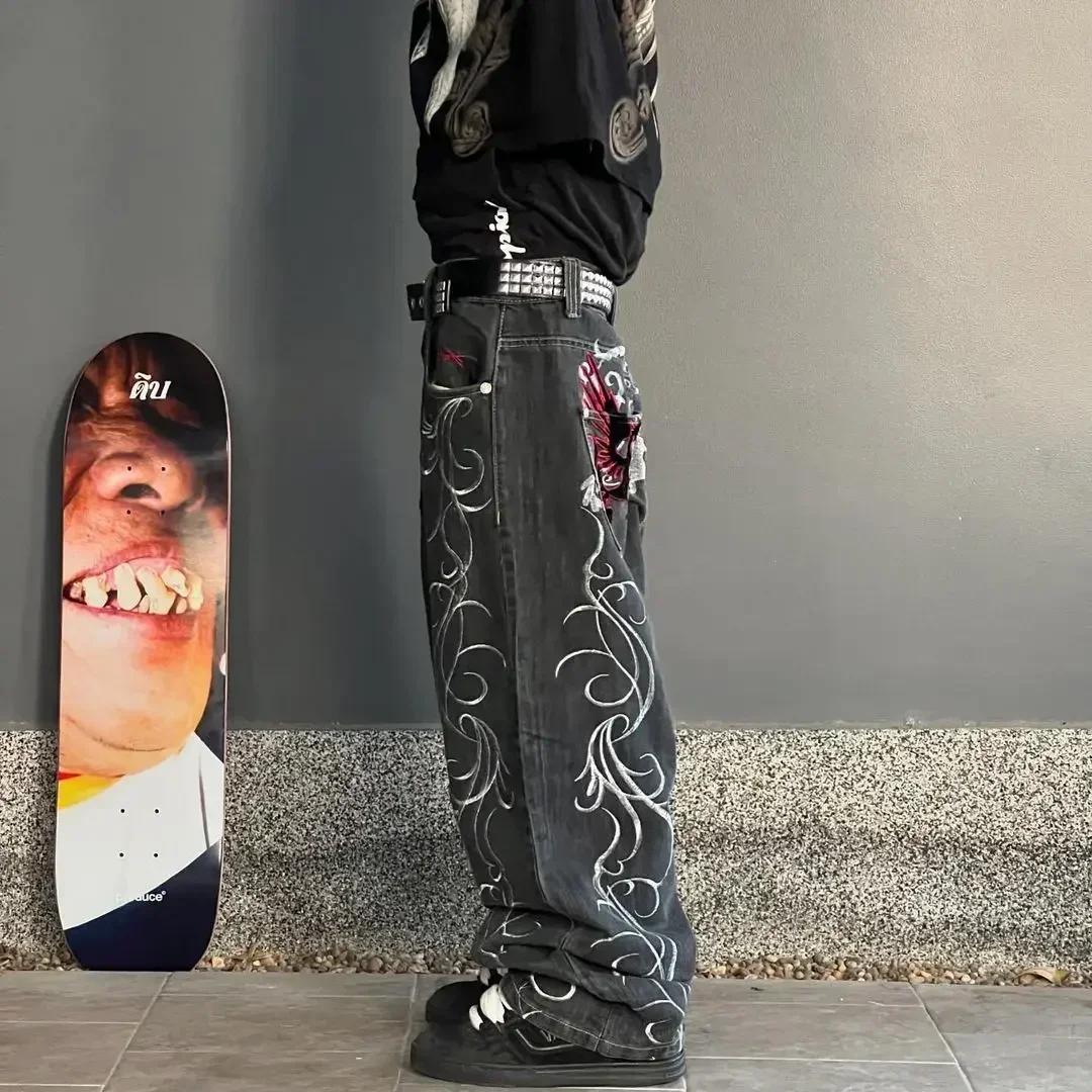 Y2K American Retro Gothic Jeans Women Trendy Embroidered Pattern Denim Trousers Men Harajuku Straight Loose Wide Leg Pants 4