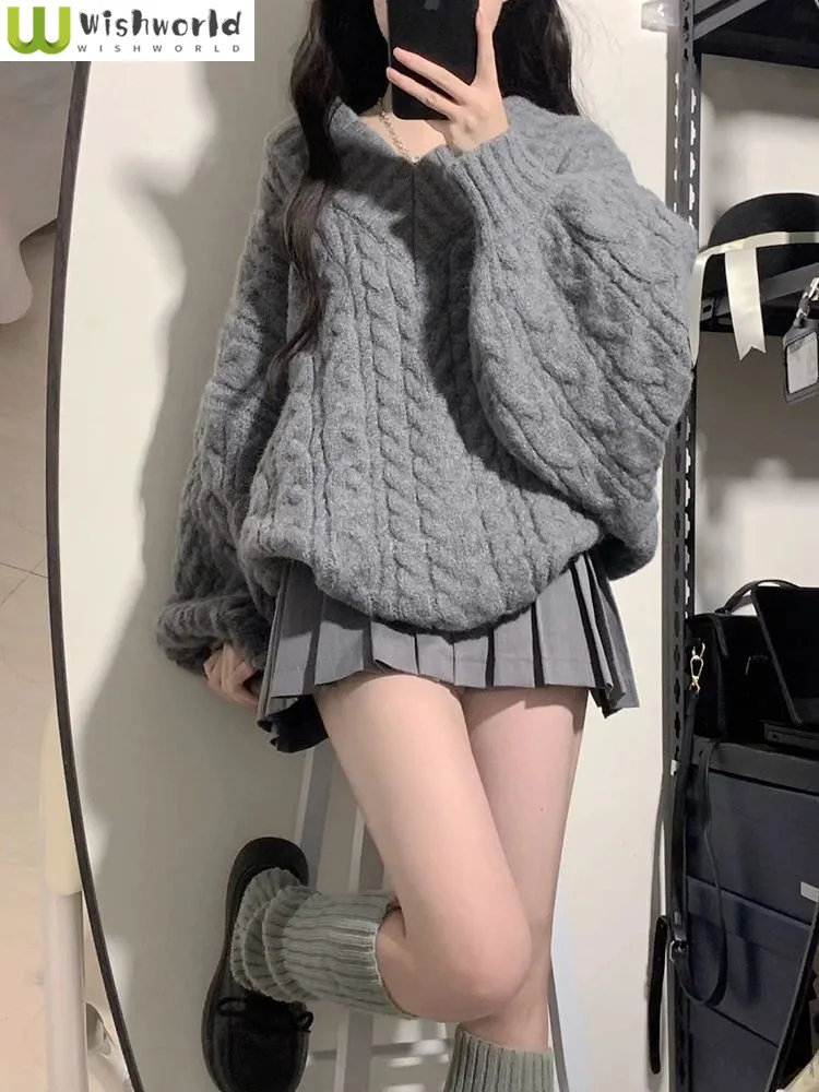 

Spring and Autumn Women's Suit 2023 New Korean Version Slouchy Loose Sweater High Waist Pleated Skirt Two-piece Set