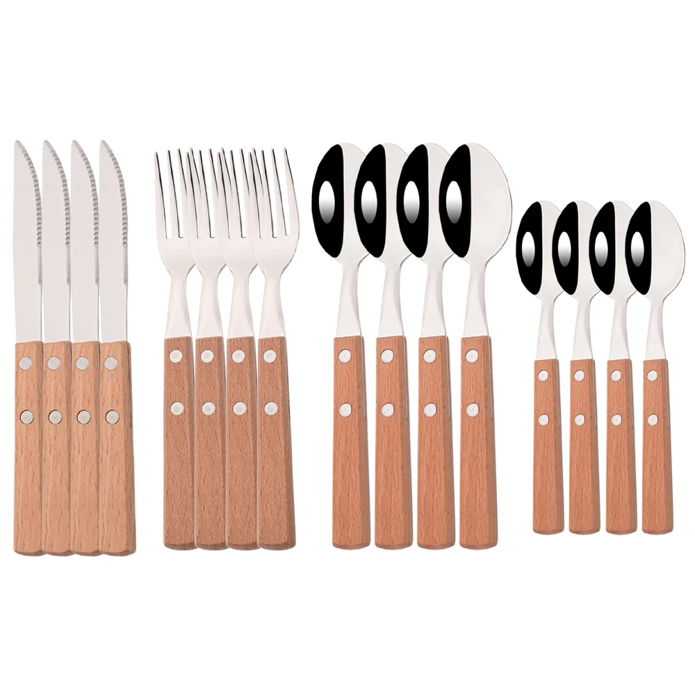 

16Pcs Wooden Handle Dinnerware Set 304 Stainless Steel Steak Knife Fork Spoon Tableware Eco-Friendly Western Food Set Flatware