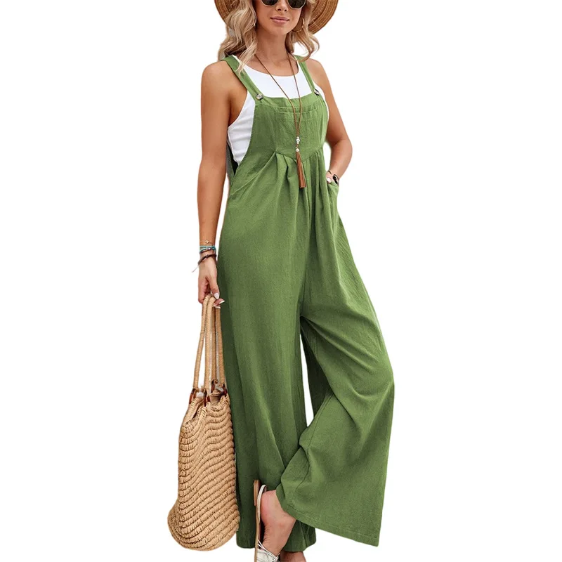 off shoulder playsuits women boho beach jumpsuits rompers sexy ruffle playsuits sashes wide leg romper sleeveless overalls q30 Women Suspender Rompers Overalls 2022 Vintage Jumpsuits Playsuits Long Pockets Wide Leg Pants Combinaison Oversize