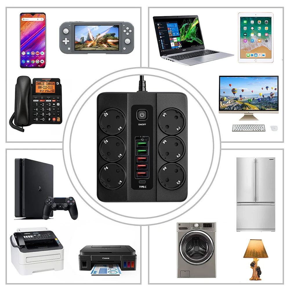 Power Strip 3000W 6 AC Outlets EU Plug USB Type C