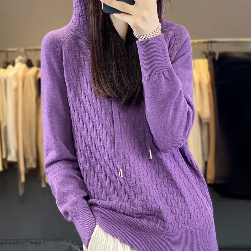 Women New Wool Blend Sweater Outwear Shirt Hooded Collar Carving