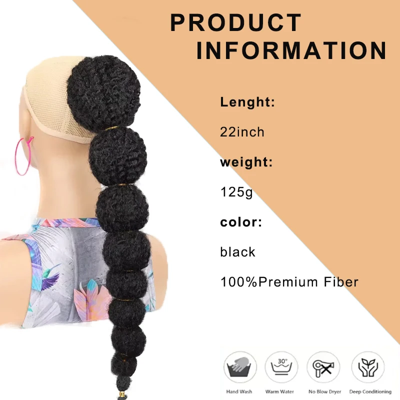 Twisted African Bubble tail Extended 22 inches Long Drawstring Ponytail, Natural Black Clip on Ponytail Suitable for Girls