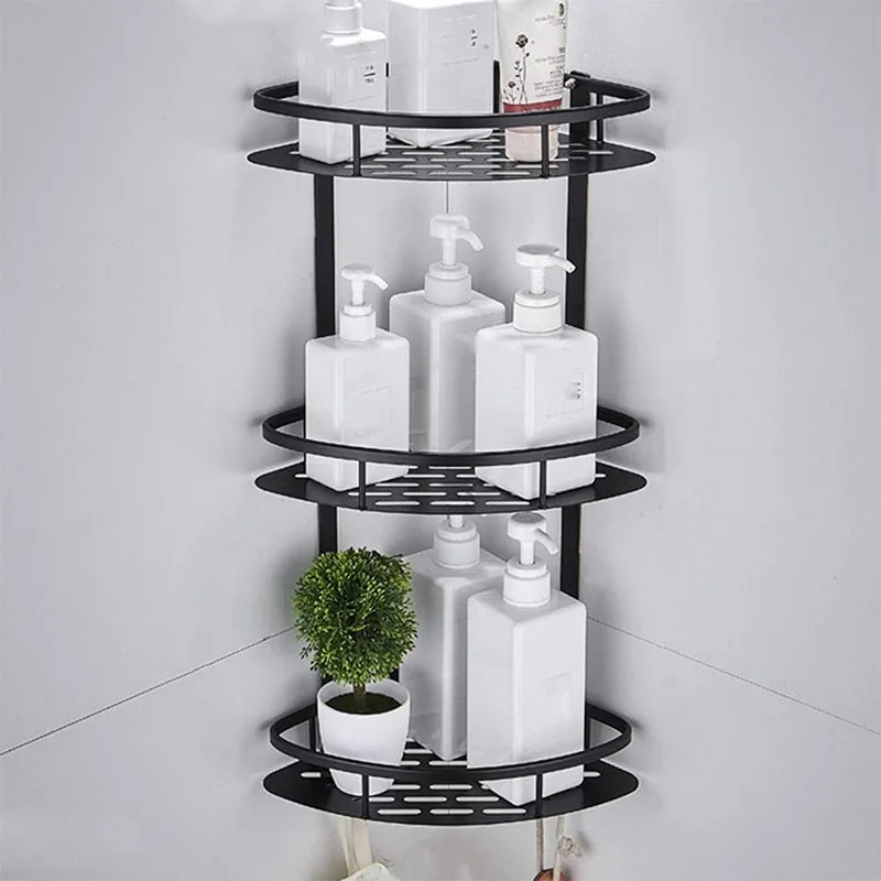 ชั้นวางของในห้องน้ำเข้ามุมชั้นวางอ่างอาบน้ำพร้อมตะขอแขวนแชมพูแบบไม่ต้องเจาะติดผนังสีเงิน 1