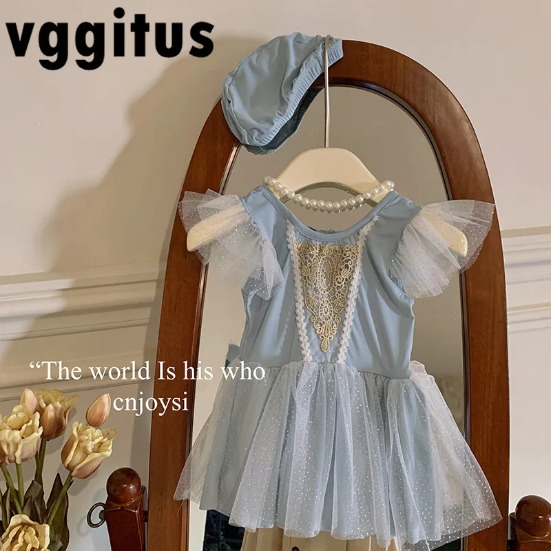 

Korean Style New Summer Girls' One Piece Swimsuit Mesh Sleeves Little Cartoon Princess Blue TUTU Swimwear with Hat H3084