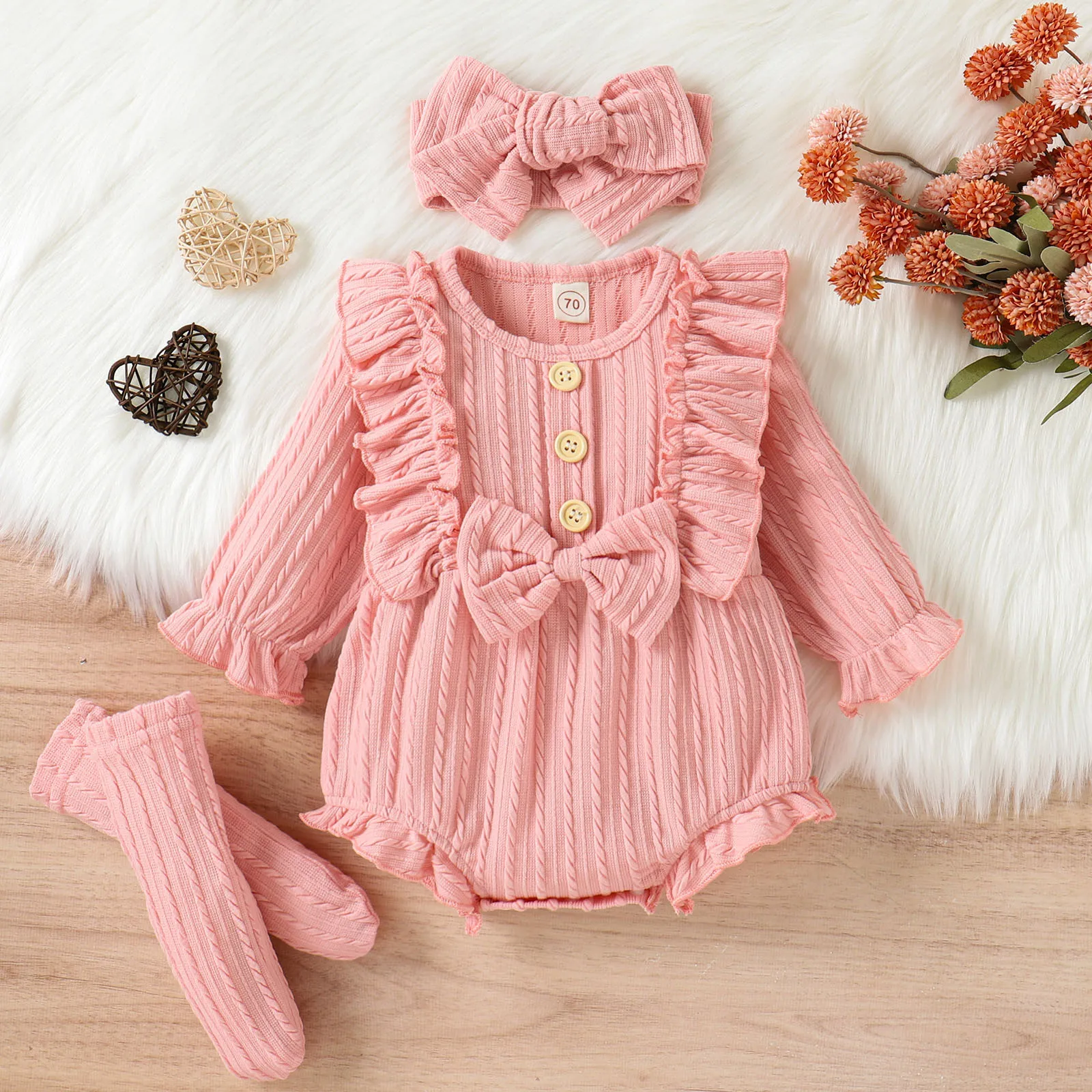 Infant Girls Ribbed Ruffles Long Sleeve Bowknot Romper Bodysuit Headbands Outfits Baby Clothes Mom Cotton Leotard Girls
