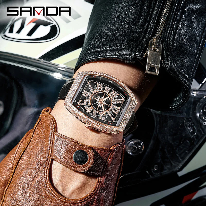 SANDA Quartz Watch Mens Watches New Fashion Rose Gold Case Luxury Diamond Waterproof Watch Luminous Hands Reloj Hombre 7017