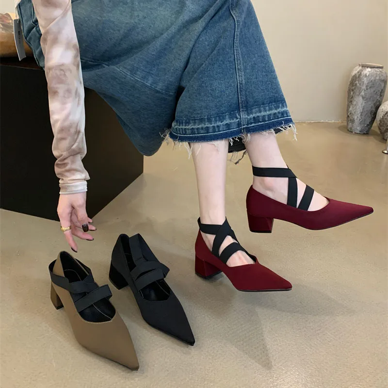 

2023 Autumn Women Dress Pumps Shoes Fashion Pointed Toe Square Low Heel Slingback Shoes Shallow Slip On Mary Jane Shoes Mujer