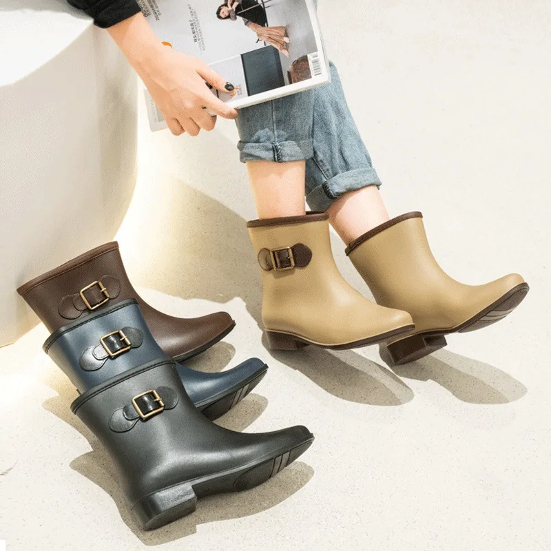 

Women's Fashion Outerwear Short Tube Low-Heeled Rain Boots Waterproof Non-Slip Plus Velvet Warm New Work Rain Boots Size 37-41