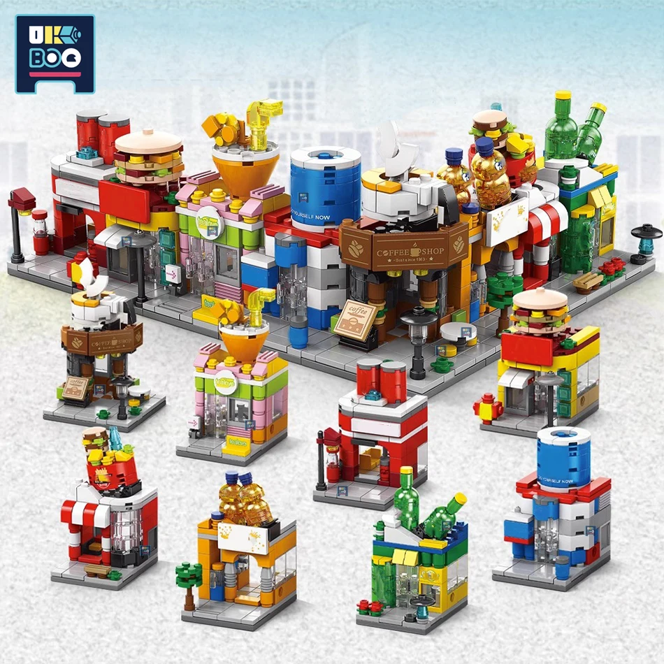 City Mini Architecture Street View Model Building Blocks Hamburger Restaurant Retail Store Friends Bricks Toys For Children Gift