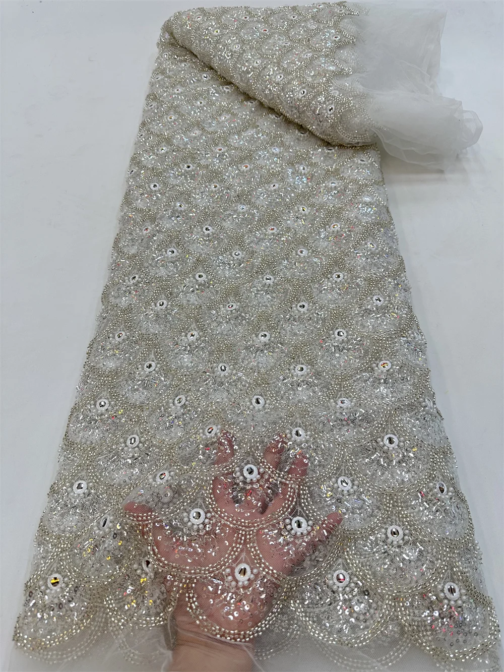 African Sequins Beaded Lace Fabrics 2023 High Quality Sequence Embroidery French Nigerian Lace Fabric For Wedding Sewing RF500TY