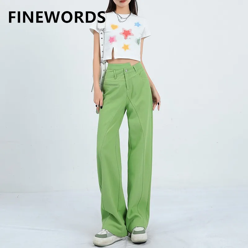 

FINEWORDS Retro Avocado Green Wide Leg Jeans Women Streetwear Korean High Waist Straight Jeans Harajuku Loose Casual Denim Pants