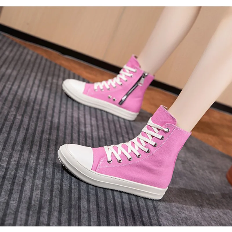 

Street Style High Top Canvas Shoes for Women Mid-calf Pink Boots Fashion Trend Women Casual Board Shoes Female Motorcycle Boots