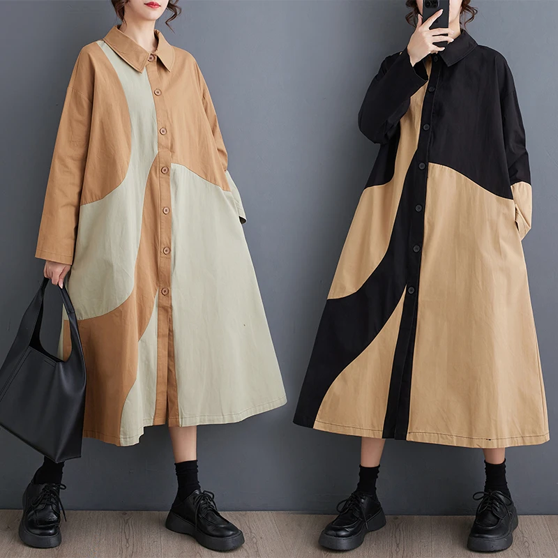 

Женское свободное платье-рубашка с длинным рукавом, с отложным воротником