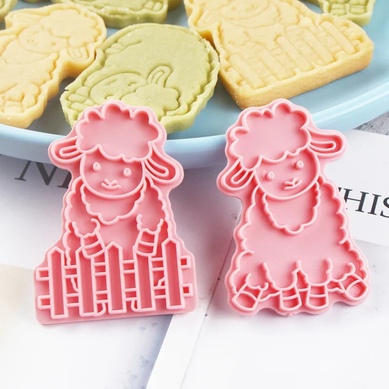 8pcs Cartoon Lamb Cookie Cutter Set Little Sheep Fondant Embosser Stamp Dessert Pastry Biscuit Mold Cake Decorating Tools