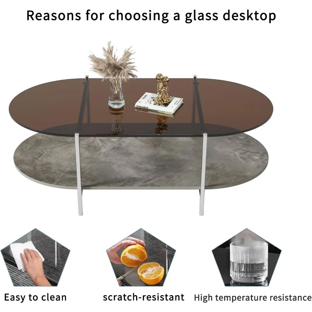 Tempered Glass and MDF Wooden Coffee Table, 2-story Modern Side Table with Storage Space 6