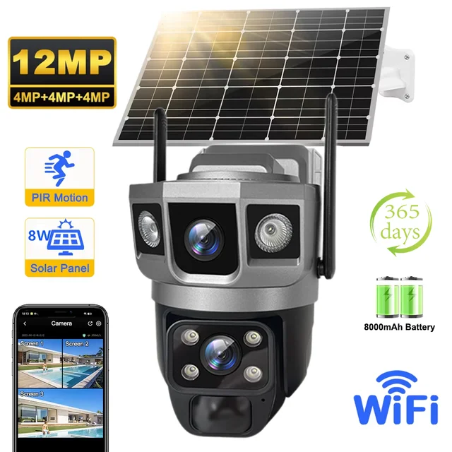 V380 Pro 12MP solaire WIFI caméra IP CCTV deux objectifs trois écrans suivi automatique extérieur 6K Surveillance de sécurité caméra PTZ 1