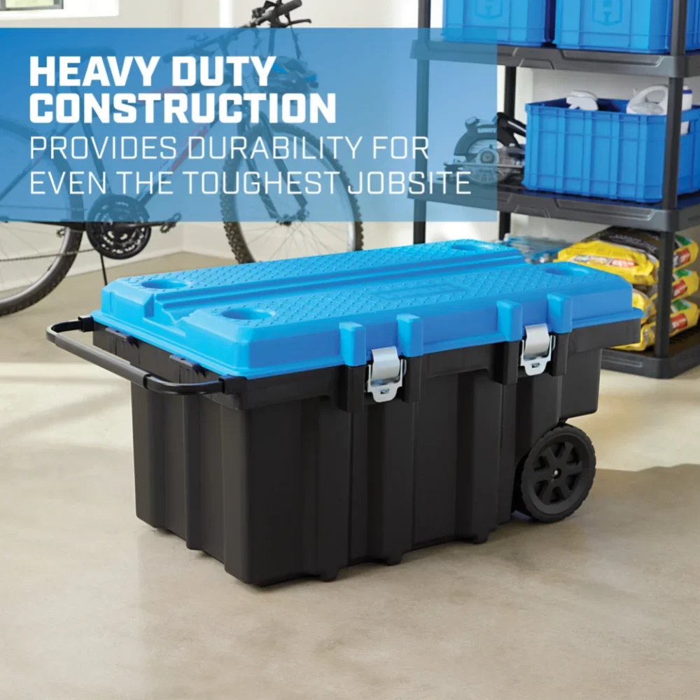 50 Gallon Rolling Plastic Tool Chest with Work Top for Garage, Black with Blue Lid 3