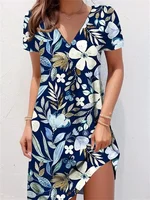 Robe mi-longue à imprimé floral de style ethnique rétro pour femmes, grande taille, pull décontracté à manches courtes, col en V, robe d'été, 2025 3