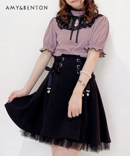2023 New Summer Japanese Style Rojita Skirt for Women Thin A- Line Mini Skirt Female Sweet Solid Color Cute Lolita Short Skirt