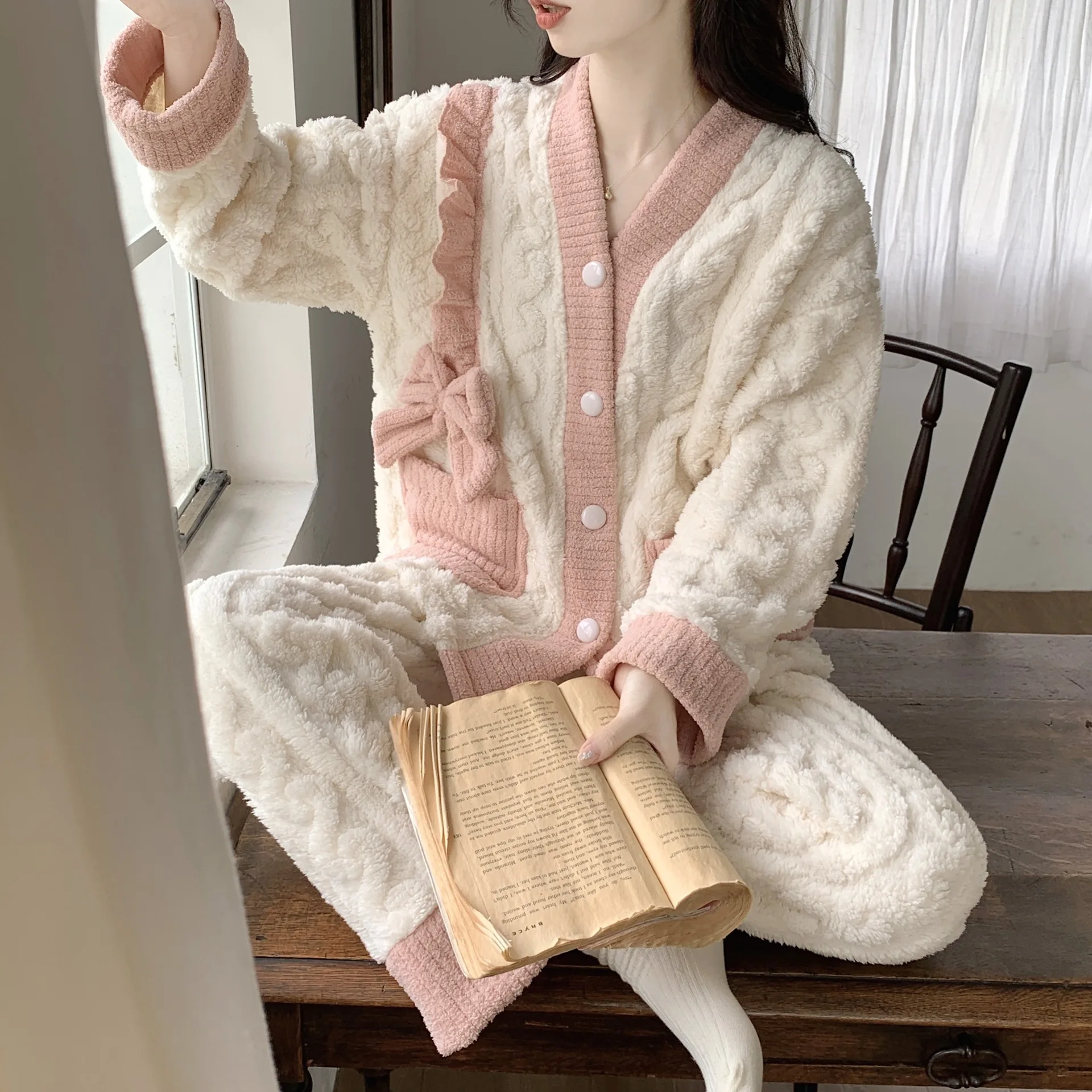 2pcs Pajamas Set Women Flannel Fleece Autumn Cartoon Warm Pijamas Long Sleeved Sleepwear Winter Fashion Woman Loungewear Pyjamas