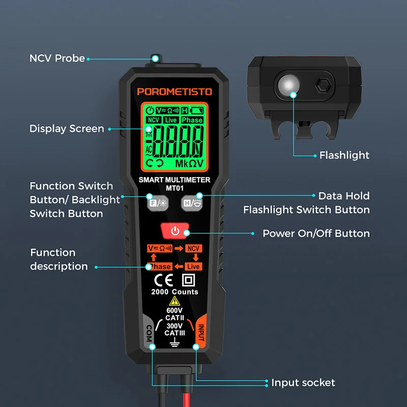 POROMETISTO MT01 Smart Digital Multimeter AC/DC Voltage Resistance Continuity Measurement Tester NCV Multimeter with Backlight 2
