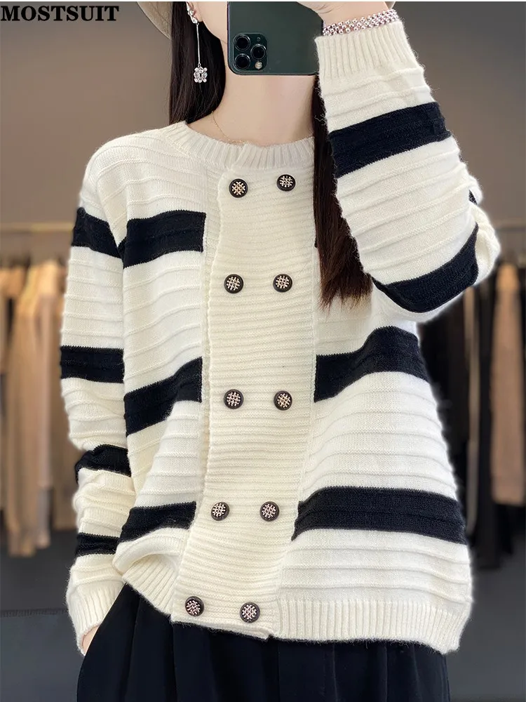 

Striped Color Blocking Knit Cardigan Sweater For Women Double-breasted O-neck Knitwear Tops 2024 Autumn Casual Fashion Jumpers