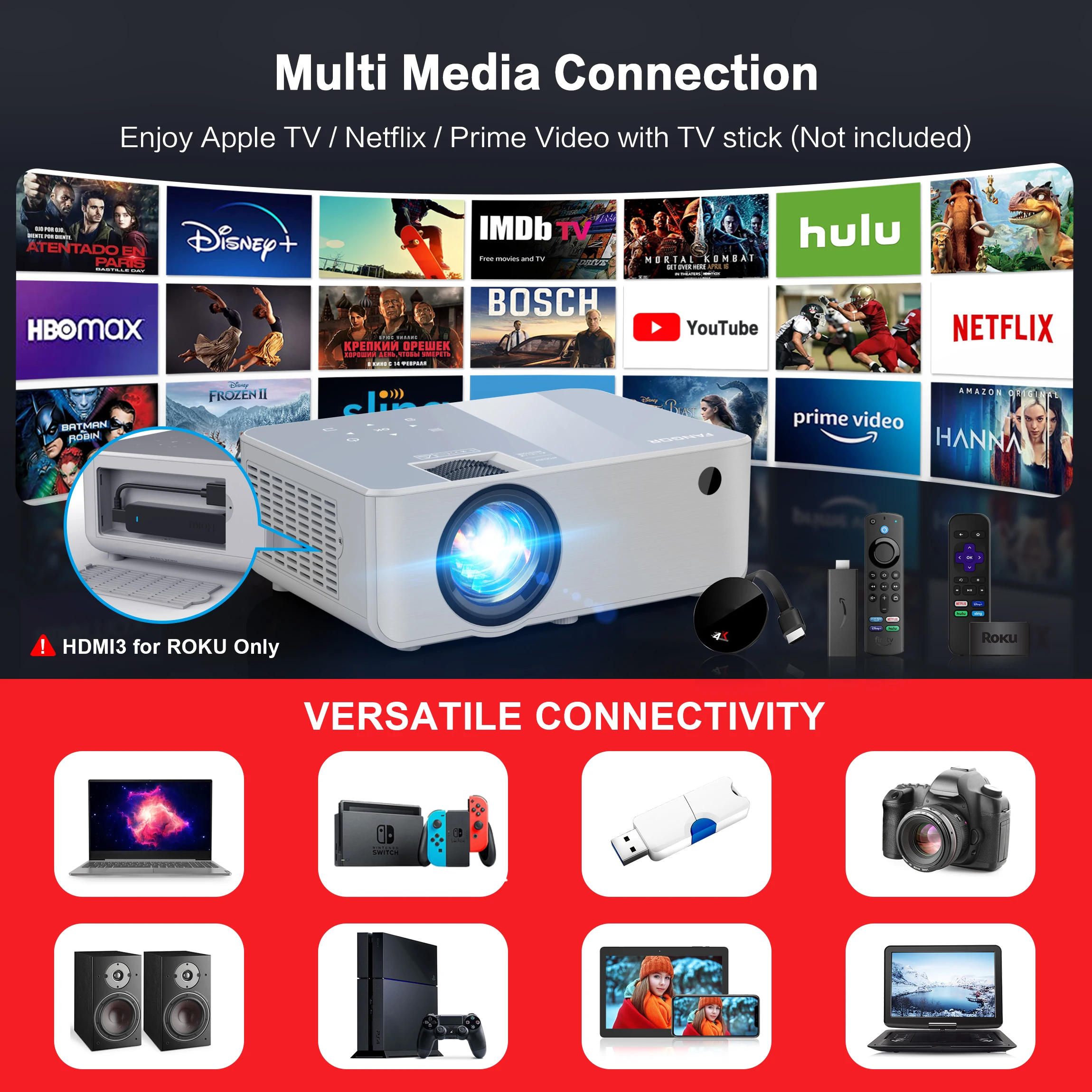 FANGOR 23000LM 4K Projector Smart WiFi BT UHD Native 1080P HIFI Home Theater Beamer Support with HDMI USB iOS & Android System