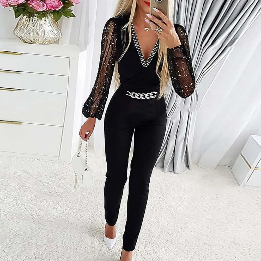 

Women Jumpsuit Elegant Rhinestone Mesh Chain Jumpsuit for Women Slim Fit V Neck High Waist Solid Color Formal Commute Style