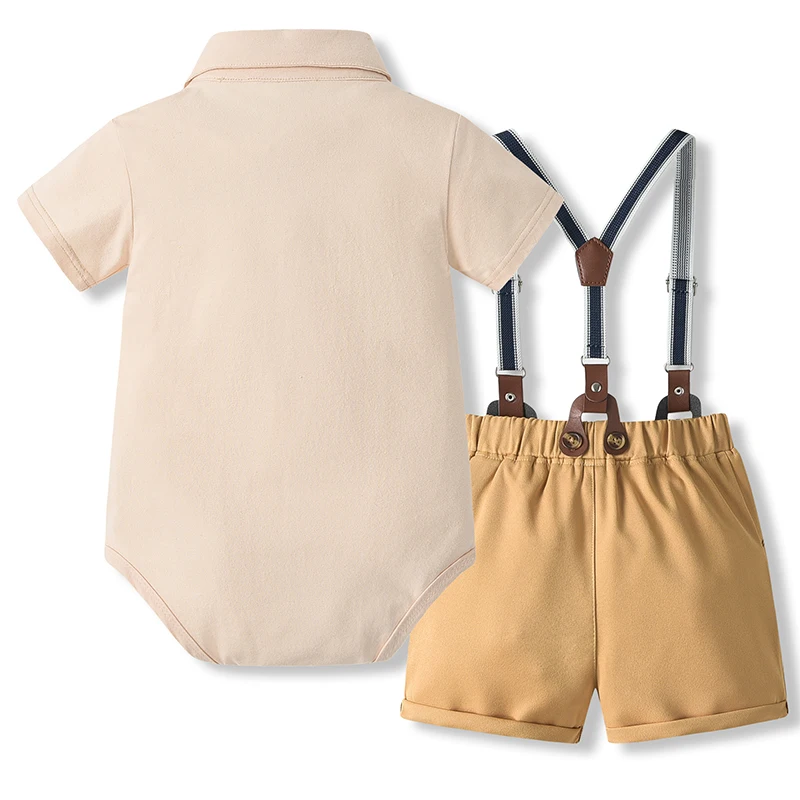 

BULINGNA Infant Baby Boy Gentleman Outfits Short Sleeve Romper Shirt with Bowtie Suspender Bib Shorts Summer Suits Set