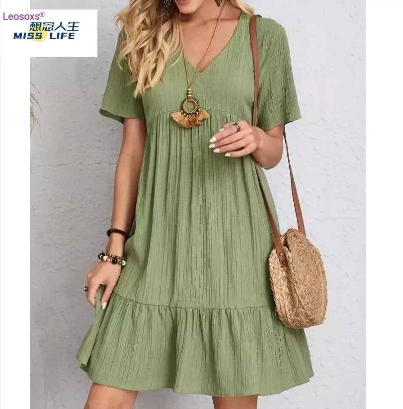 

Vintage Women A-Line Mini Dress Summer Fashion Casual V-Neck High Waist Solid Elegant Party Dresses Lady Short Sleeve Dress