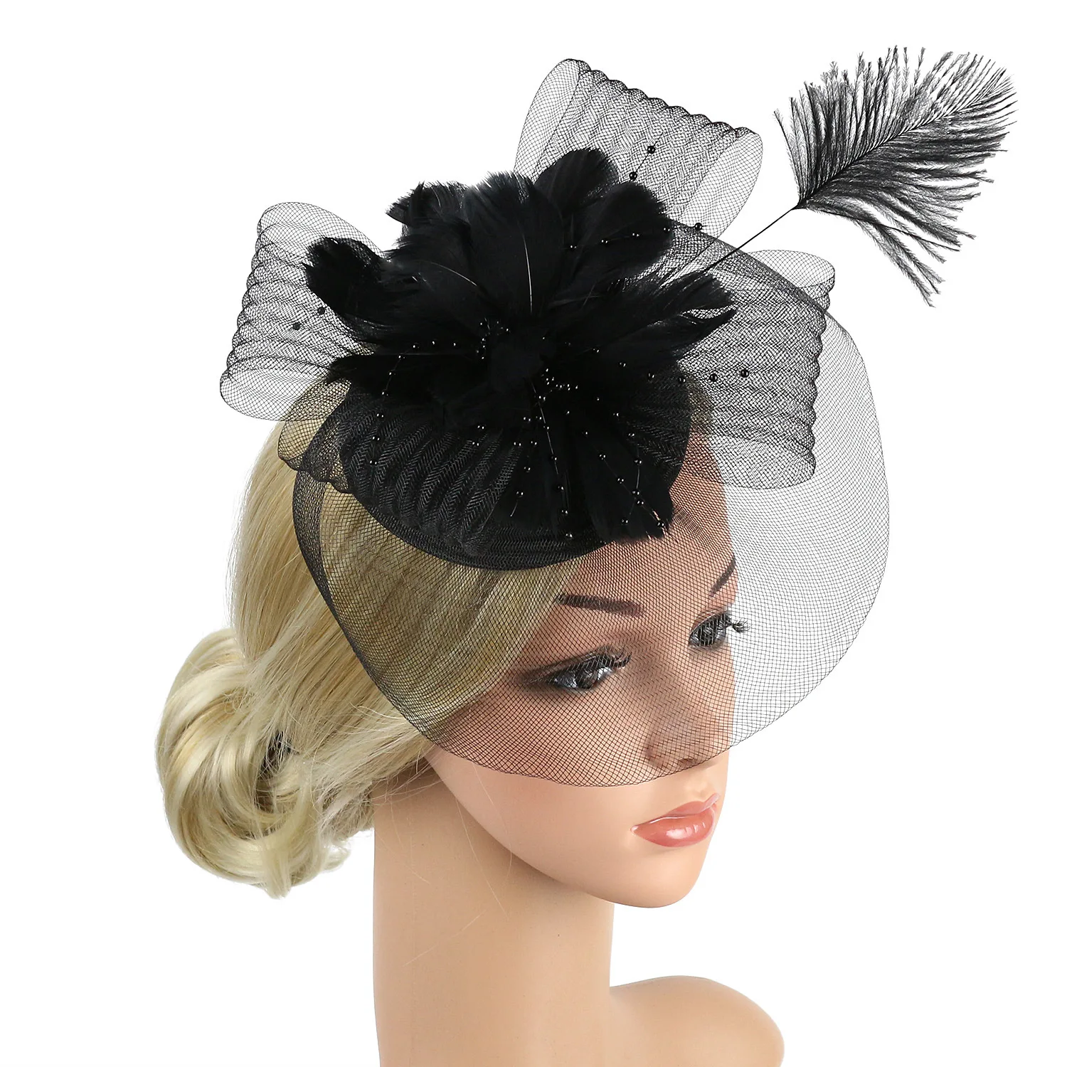 Women Ascot Fascinator Hat Feather Flower Mesh Hair Clip Kentucky Derby Photography Headwear Cocktail Tea Party Hair Accessory