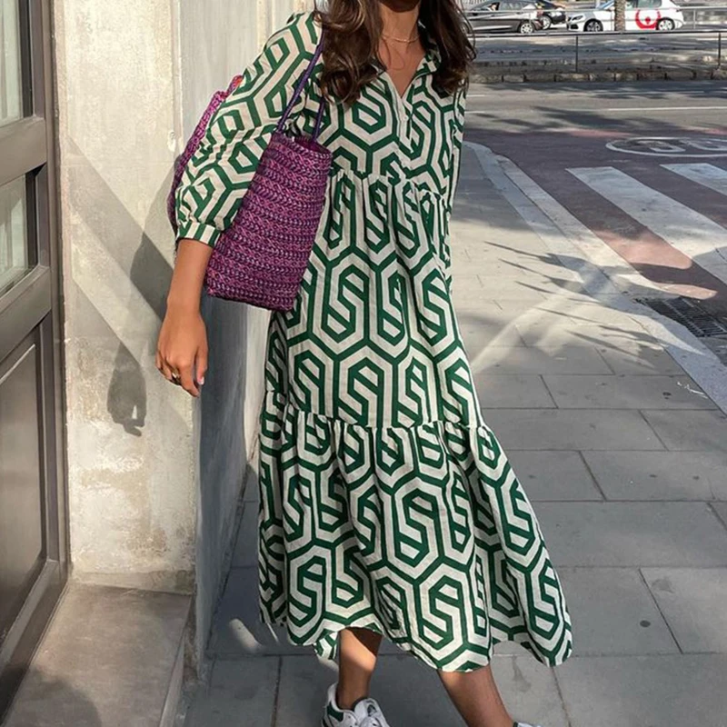 

Boho Длинные свободные платья для отдыха повседневная женская рубашка Vestidos летнее пляжное платье Макси женское элегантное 2023 винтажное геометрическое платье на пуговицах