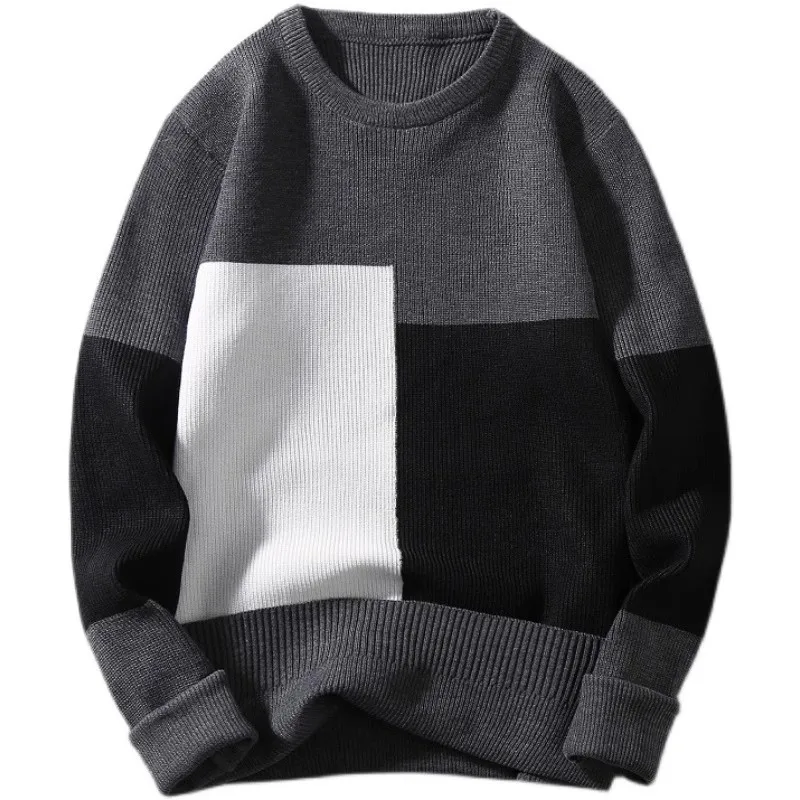 

Casual Round Neck Sweater Fashion-forward Round Neck Sweater Cozy Men's Colorblock Knitted Sweater Thick Warm Stylish