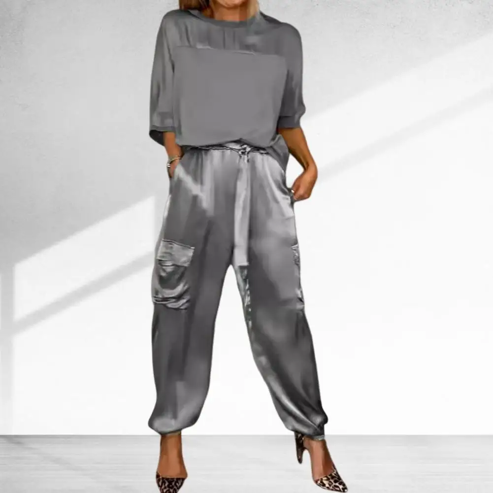 

Women's Smooth Satin Short-sleeved Top and Pants Two-piece Set Spring O-neck Lace Up Outfits Summer Sleek Elegance Leisure Suit