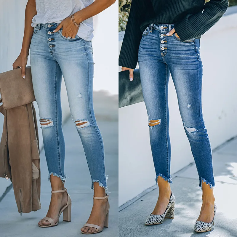 Women's Stretchable Ankle Length Ripped Jeans Spring Summer Streetwear Button Fly Skinny Denim Jeans Lady Chic Slim Pencil Jeans koijizayoi panelled color women fashion jeans ankle length high waist girls chic denim pant pocket spring autumn 2022 new jeans