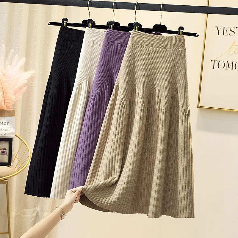 

Hsa 2023 New Fashion All-match Thickened Knitted Skirt Women Mid-length Skirt A-line Long Skirt Autumn&Winter Solid Half Length