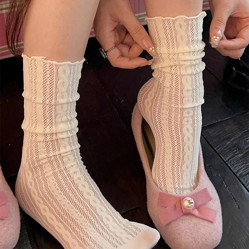 Summer Fashion White Lace Pile Socks for Women Girls Mesh Hollowed Out Thin Nylon Breathable Sock Solid Color High Quality Socks