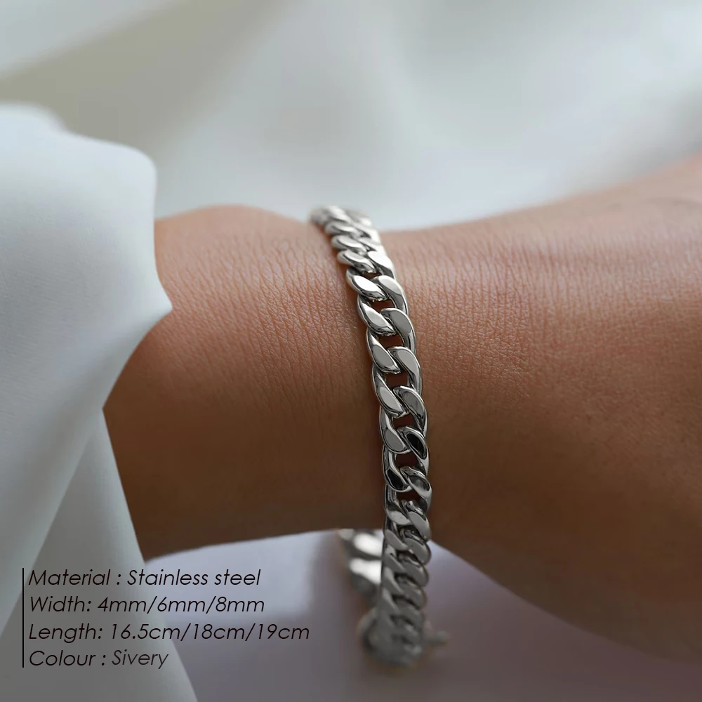 Charm Bracelet Chain Bracelet Stainless Steel Bracelet eManco Silver Color 4MM/6MM/8MM Cuban Chain Bracelets For Men