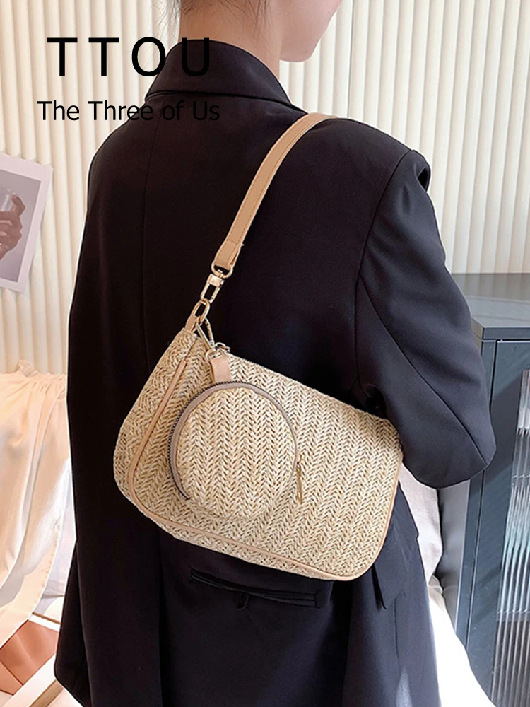 

Casual Women Straw Weave Shoulder Underarm Bag with Coin purse Handmade Zipper Summer Vacation Beach Large Capacity Side Handbag