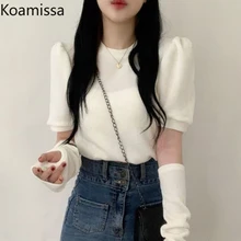 

Koamissa Solid Women Fashion Long Sleeves Sweater Patchwork Sleeves O Neck Slim Pullover Spring Autumn Outwear Jumpers Thin