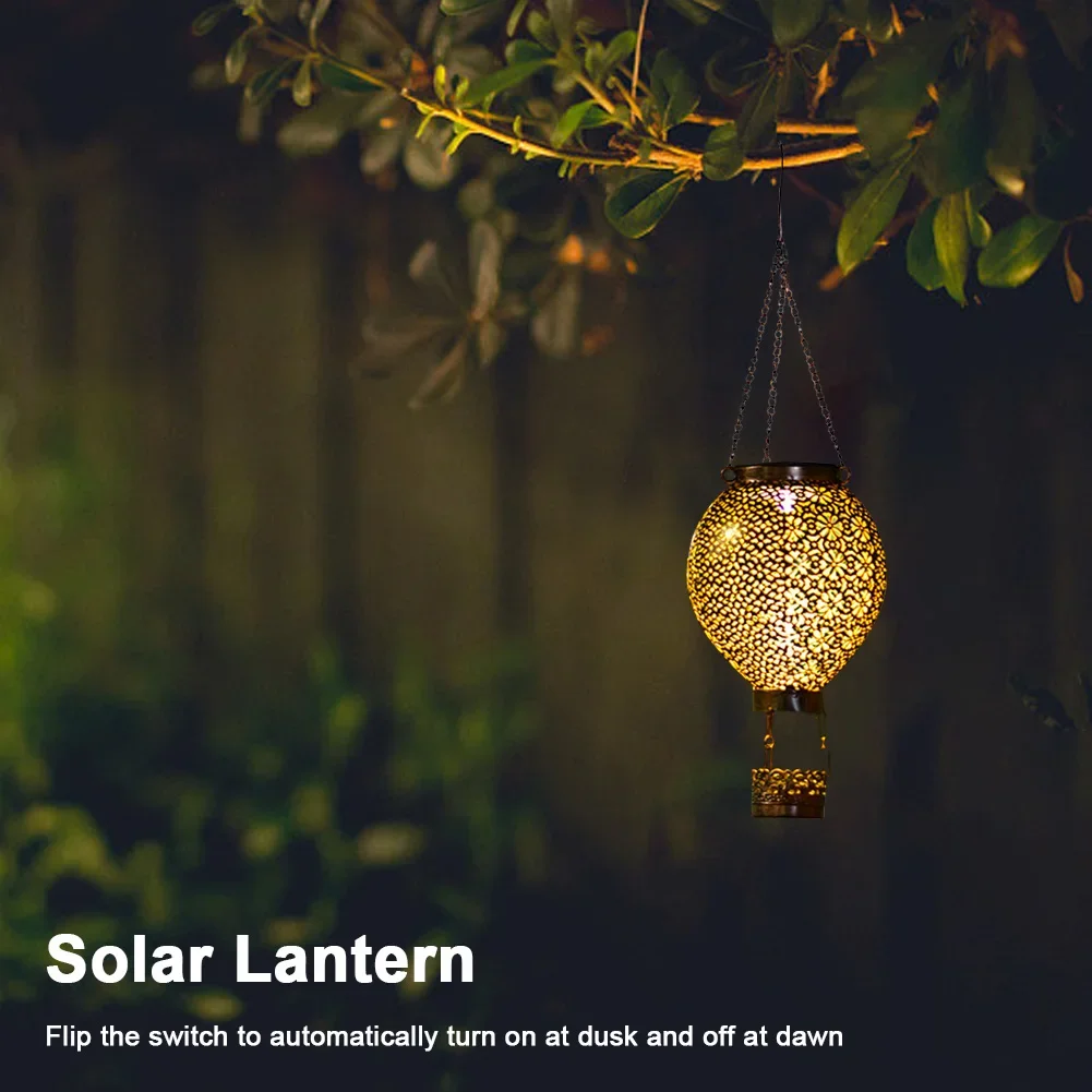Solar Decorative Night Light IP55 Waterproof Retro Hot Air Balloon Light Auto On&Off Flower Hollow Out Lantern for Holiday Party