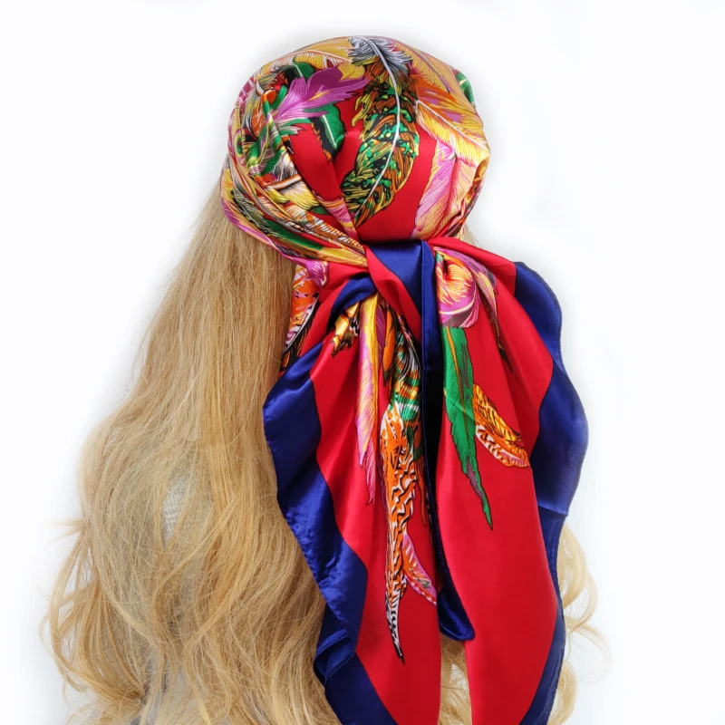 Silk Scarf Spring And Autumn Female Satin Scarf Big Square Scarves Hijabs Printed Women Scarf Purple Polyester Silk Scarf Shawl 90*90cm
