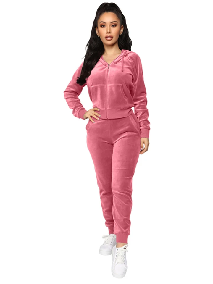 Pijama De Terciopelo Para Mujer - Conjunto De 2 Piezas (Top Manga Corta Y Pantalones Largos), Cómodo Y Casual, Color Sólido