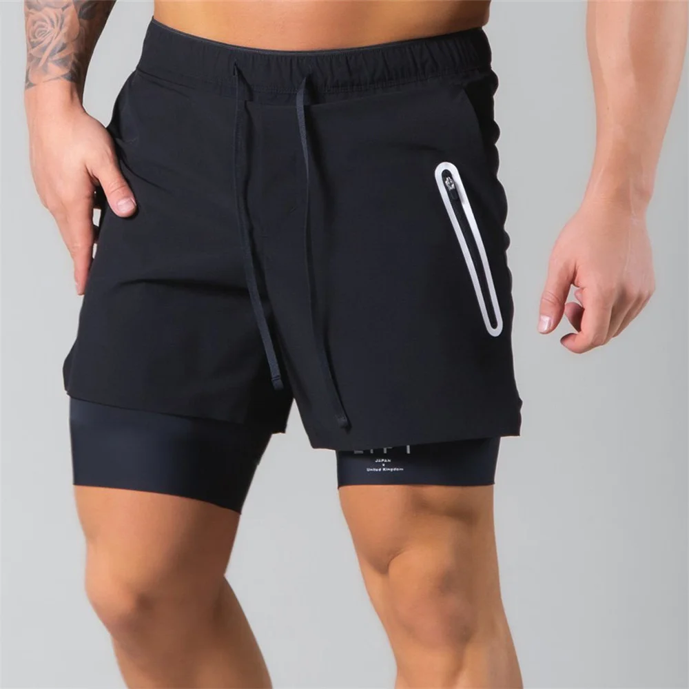 

Black 2 in 1 Shorts Men Gym Fitness Bodybuilding Quick-dry Pants Male Summer Crossfit Running Training Sport Bottoms Sportswear