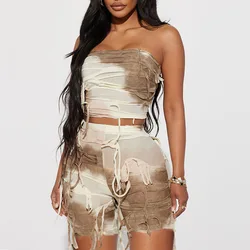 Tie Dye 2 Piece Shorts Pant Suit Set Sexy Distressed Outfit Y2K Streetwear 2023 Women Clothes Summer Fringe Top Pant 2 Piece Set