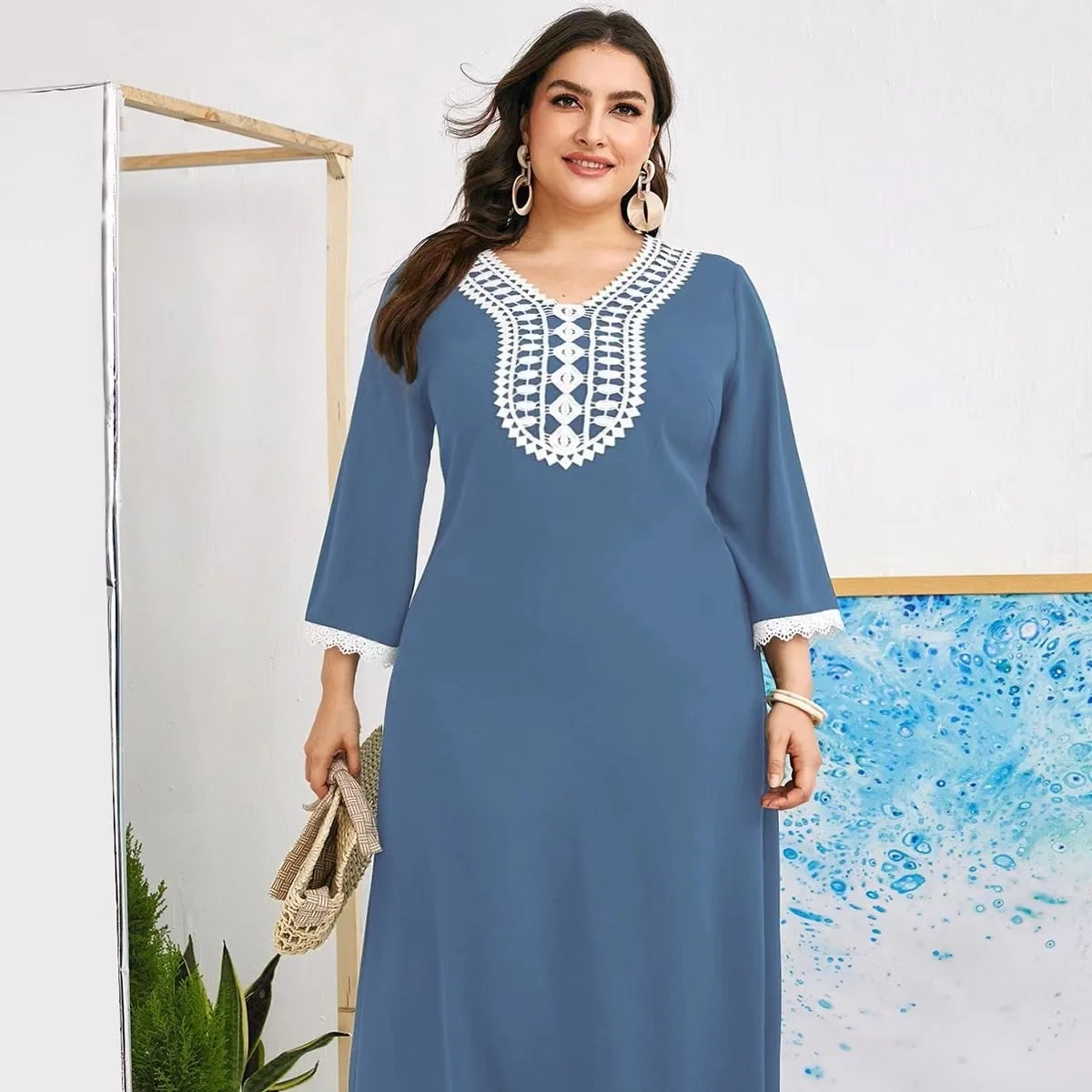 New Temperament Round Neck Middle Waist Color Contrast Large Women's Dress Color Contrast Fashion Elegant Ladies Muslim Dress