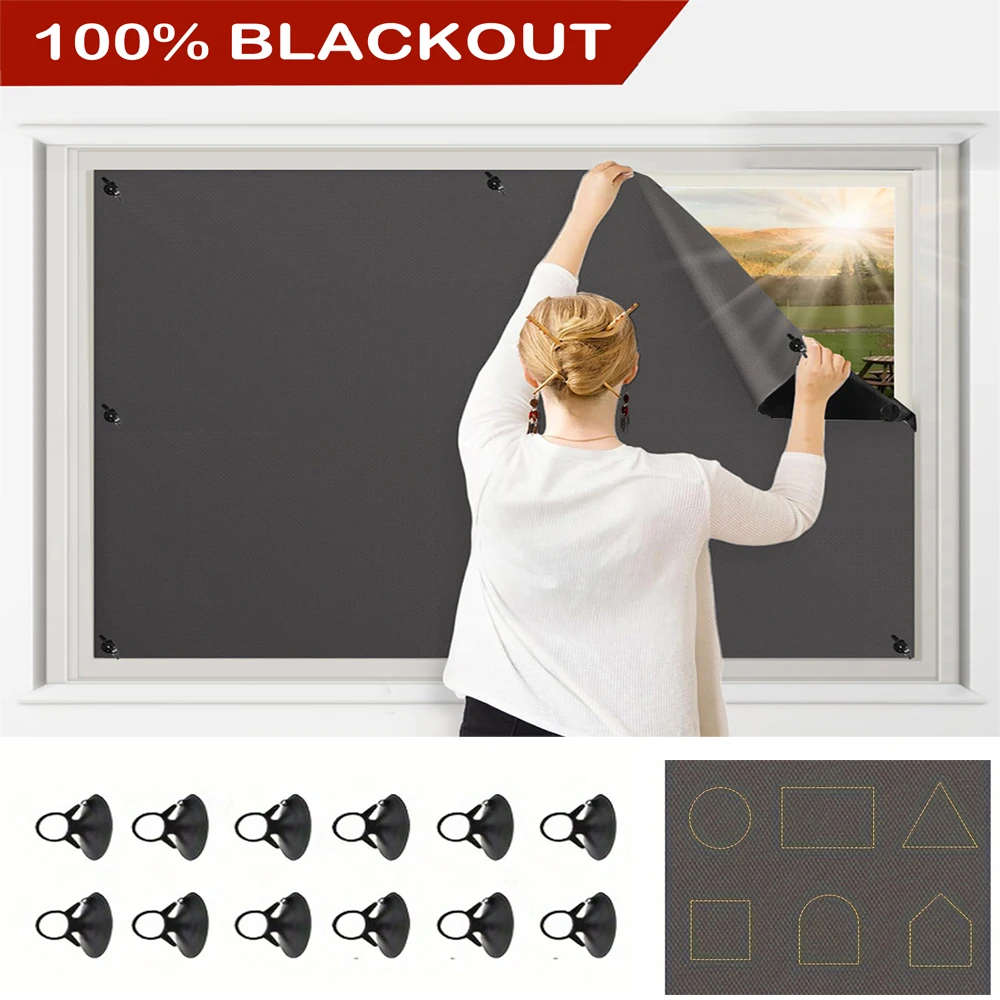 100% Blackout Curtain with Suction Cup UV Blocking Window Drapes Blinds Full Shades Panel DIY Portable Film Sunshade Cover