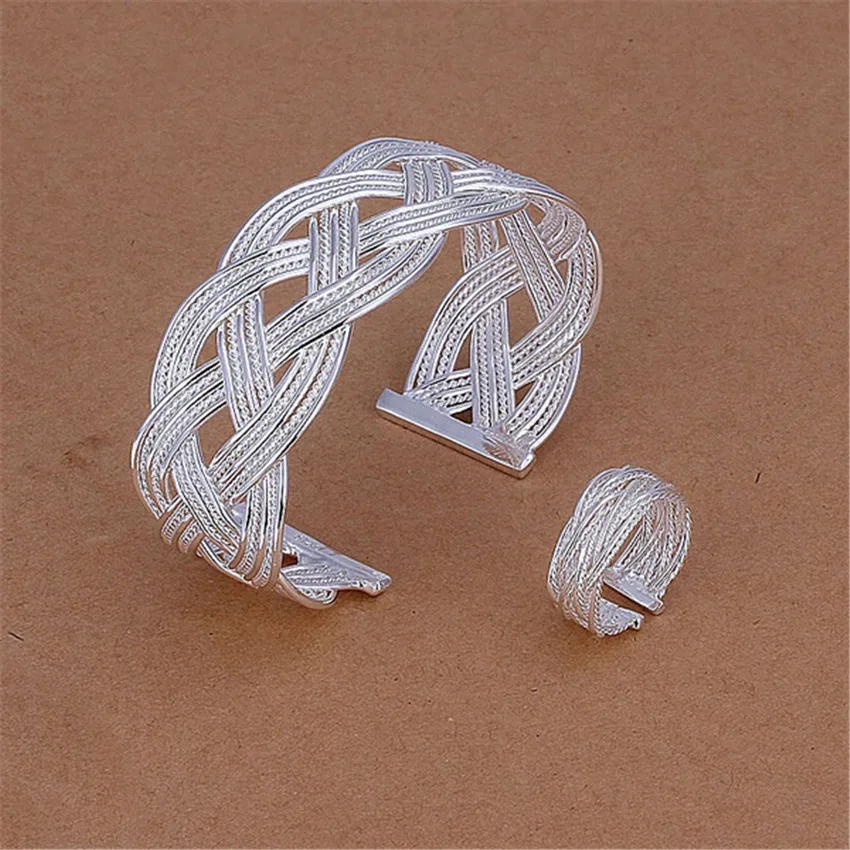 

Street Fashion 925 Sterling Silver Wide Weave Rings Bracelets Bangles Jewelry Set for Woman Adjustable Size Wedding Party Gifts